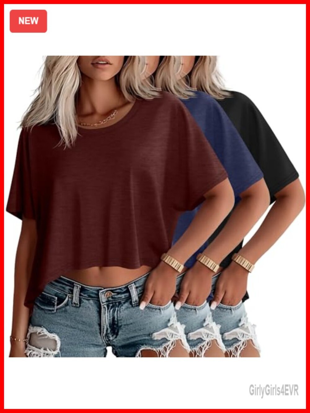 3 Pack Women's Oversized Cropped T-Shirts Loose Fit Crew Neck Short Sleeve